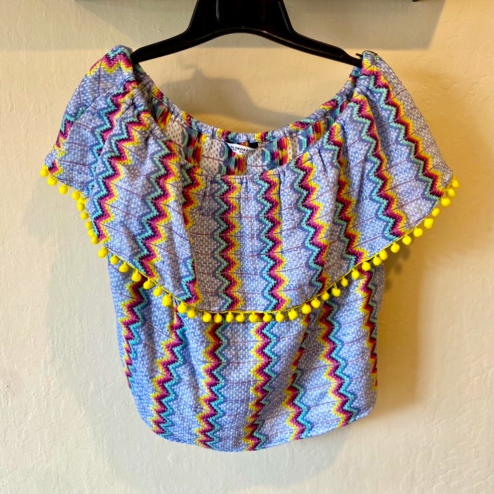 Glamorous Mexican Inspired Pompom Fringe Off Shoulder Top